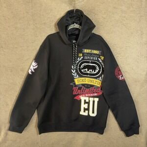 Ecko Unltd Hoodie Mens Sz L Black Embroidered 3D Rhino Logo Lightweight Pullover